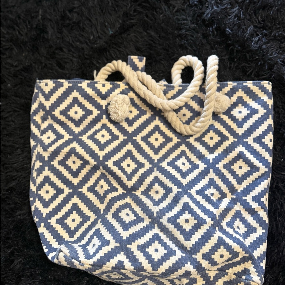 Blue and White Geometric Canvas Tote with Rope Handles